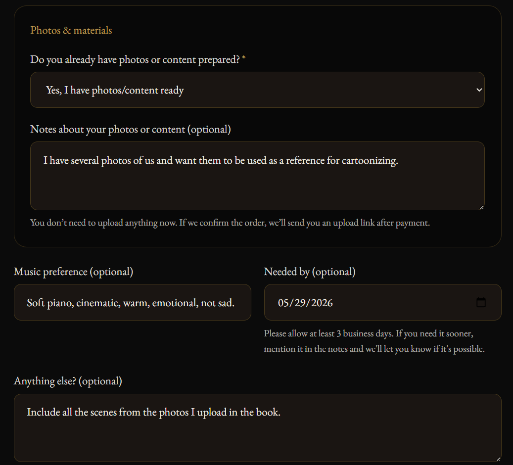 Example of the photos and materials section filled out in the MyHeartfolio request form