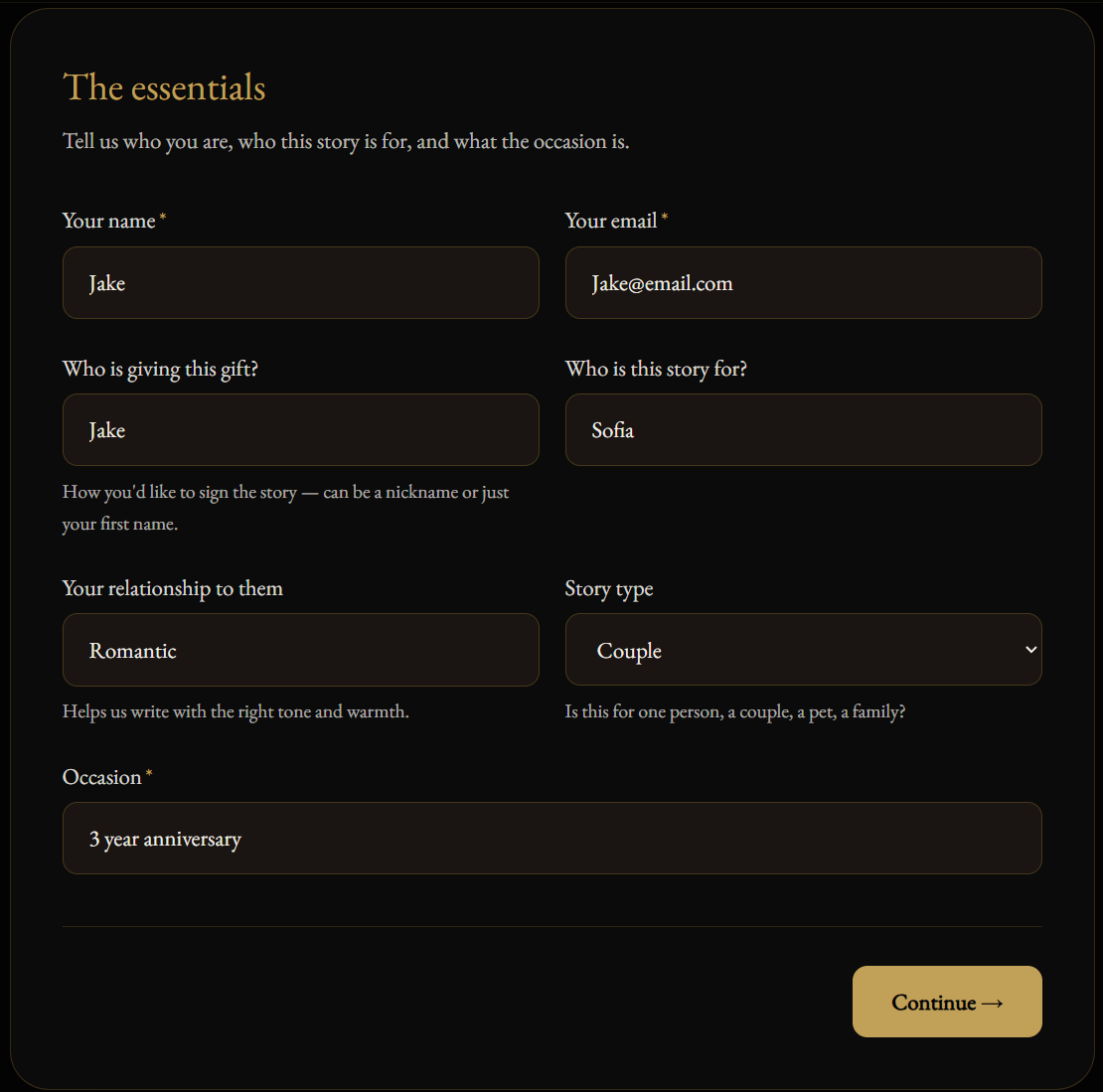 Example of the essentials step filled out in the MyHeartfolio request form